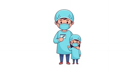 Fototapeta premium Illustration of Medical Professionals in Surgical Attire on White Background Showing Father and Child Doctor Roles Ready for Healthcare Procedures