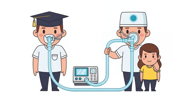 Medical Illustration of Tracheostomy Tube Connected to Patients and Medical Personnel Depicting Healthcare and Respiratory Support in Pixelated Cartoon Style