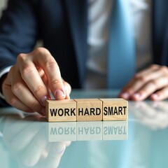 Smart work and business strategy concept for productivity and efficiency. Businessman arranging wooden blocks on a desk.
