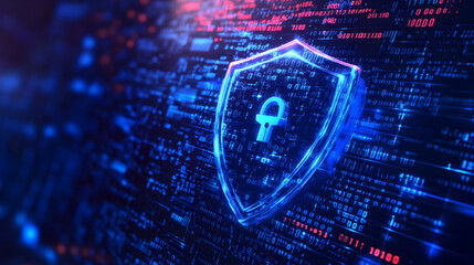 Glowing shield with keyhole symbol over digital binary code background representing cybersecurity concept
