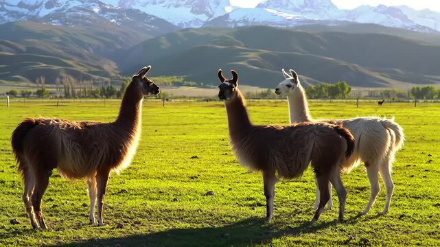 Three llamas grazing in a green meadow with mountains in the background under sunlight