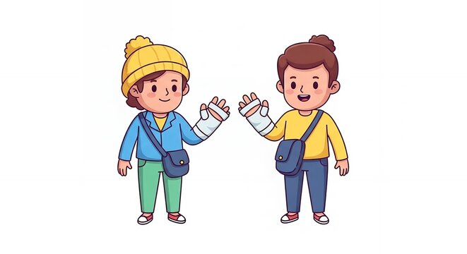 Pixel Art Illustration of Two Cheerful Kids with Finger Splints Waving Hands Dressed in Casual Attire with Yellow and Blue Accents on White Background Pediatric Orthopedic Care Concept