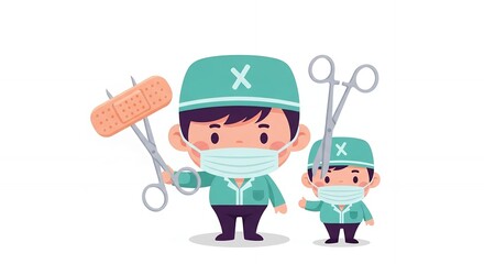 Fototapeta premium Two Cartoon Doctors in Teal Scrubs Holding Scissors and Bandage Isolated on White Background Flat 2D Style Pixel Art Children's Illustration Medical Theme Healthcare Concept