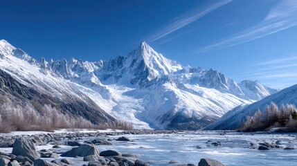 Fototapeta premium Majestic Snow Capped Mountain Range under Clear Blue Sky in Winter Landscape with Cinematic Lighting and Serene Atmosphere
