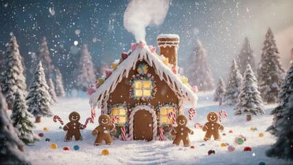 Animated Whimsical Gingerbread House Winter Scene. Perfect for children's holiday content, fun greetings, and cheerful projects. - Powered by Adobe