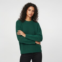 Woman wearing green knitted sweater with curly hair