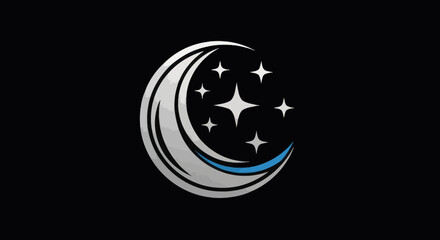Elegant crescent moon and stars logo design on a black background.