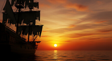 Haunting silhouette of a tattered ghost ship sailing across a dramatic sunset ocean, evoking mystery and adventure.
