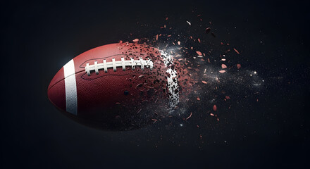 Dynamic American football exploding into fragments against a dark, star-filled background, symbolizing power and action in sports.