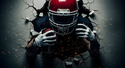 Dynamic American football player bursting through concrete wall with intense focus and sparks flying, symbolizing power and determination