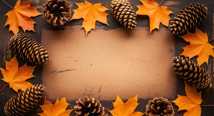 Vibrant autumn maple leaves and rustic pinecones frame a warm wooden background, perfect for seasonal projects and warm invitations.