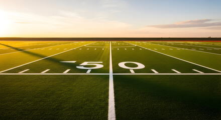 Golden hour sunlight bathes a vibrant green football field with clear yard lines and the iconic 50-yard marker, ready for game day action