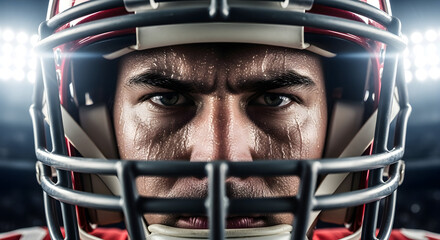 Intense football player's determined eyes glisten with sweat under stadium lights, embodying fierce competition and athletic grit.