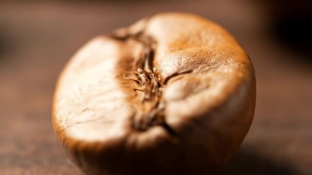 Macro shot of a single brown coffee bean showcasing its detailed texture and central crease