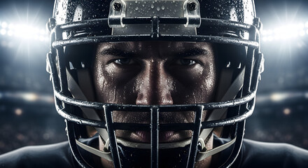 Intense football player's determined gaze in a dramatic stadium spotlight, sweat glistening under pressure, ready for game day action.