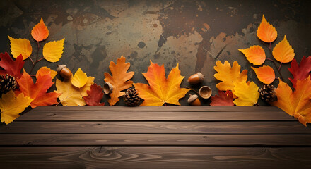 Vibrant autumn leaves and acorns create a warm, inviting scene atop a rustic wooden table, perfect for seasonal promotions and cozy designs.