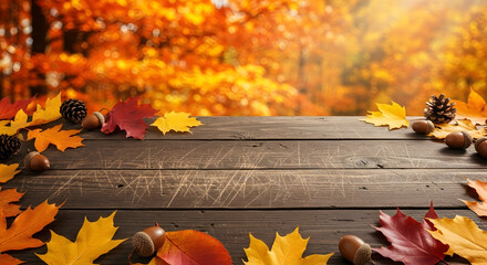 Cozy rustic wooden table adorned with vibrant autumn leaves, acorns, and pinecones, bathed in warm golden light, perfect for seasonal product displays.