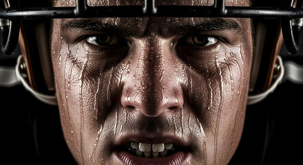 Intense football player's determined face, dripping with sweat, showcasing grit and unwavering focus on victory during a crucial game