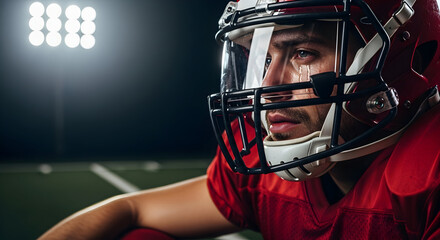 Powerful image of a football player with tears streaming down his face after the game, conveying emotion and dedication under stadium lights