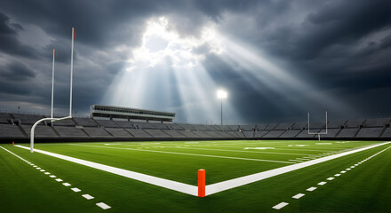 Dramatic football stadium glows beneath stormy skies, ready for the big game or championship, inspiring sportsmanship and teamwork on lush green field
