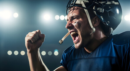 Intense football player celebrates victory with a powerful shout under bright stadium lights, conveying passion and determination in this dynamic shot