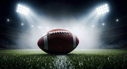 American football resting on the grass under stadium lights evokes the thrill of the game, ready for action, competition, and victory
