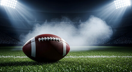 Dramatic American football sits on lush green stadium grass beneath bright lights, with smoke swirling, evoking intense game night atmosphere and championship excitement.