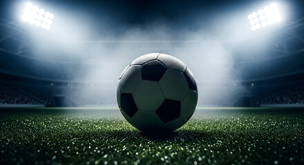 Dramatic soccer ball on lush green field under stadium lights, ready for intense match action, capturing the thrill of the game.