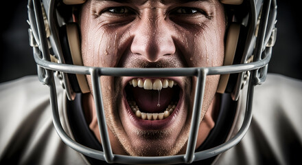 Intense football player screams with sweat dripping, embodying raw determination and the fierce spirit of athletic competition.