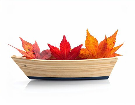 Autumn leaves rest in a small, wooden boat on a white surface