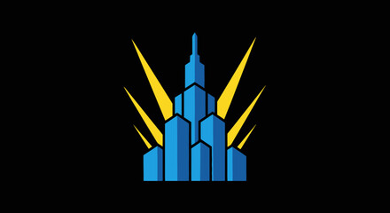 Stylized blue futuristic city skyline with yellow light bursts.