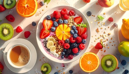 A vibrant, overhead shot of a healthy breakfast. A white bowl filled with granola and berries sits center stage. Other fruits are scattered