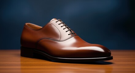 Elegant Brown Leather Oxford Dress Shoe on Wooden Surface