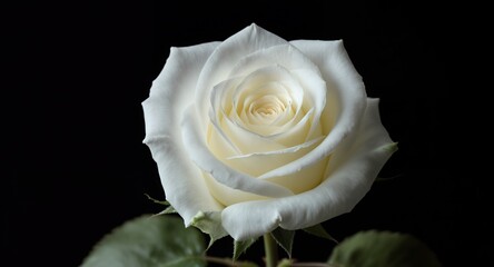 A close-up view of a pristine white rose against a black backdrop.
