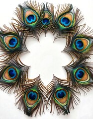 Obraz premium Peacock Feathers Arranged in a Circular Pattern on White Background