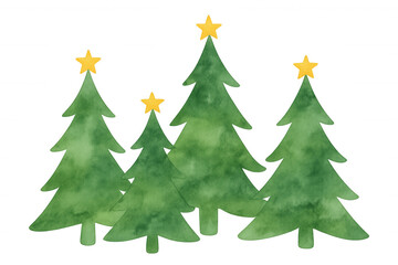 Watercolor christmas trees with golden stars, holiday forest illustration, festive season greeting card background