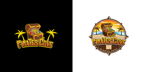 Pirates Cove Logo Designs vector. A logo with treasure chest, a pirate's cove, with the tropical island, and ocean in the background, symbol for adventure and a treasure.