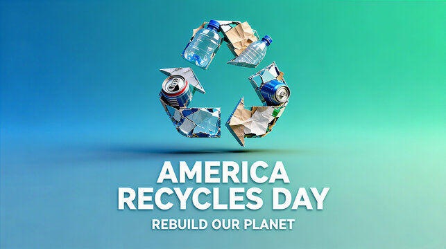 The recycling logo and various recyclable materials, as well as the US Recycling Day and the concept of rebuilding the Earth, are suitable for promoting environmental recycling themes.