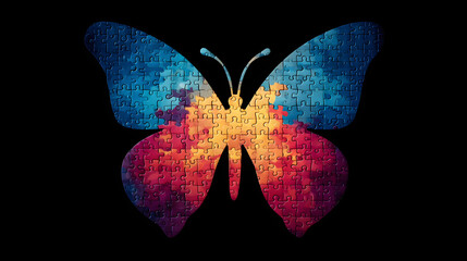 World autism awareness day card or banner, autistic colorful puzzle butterfly logo on black background