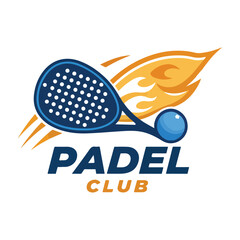 Padel Club Logo Blue Racket and Ball with Dynamic Flame Design
