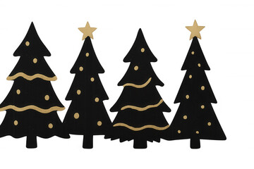 Black and gold christmas trees border composition with glitter texture on transparent background