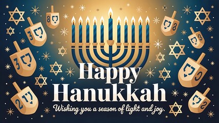 Hanukkah greeting card design centered around a stylized, glowing menorah with eight candles radiating warm light banner created with generative ai