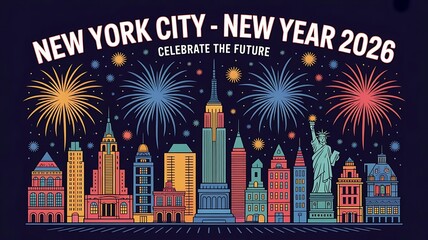 digital illustration of the iconic New York City skyline for a New Year's template banner background created with generative ai