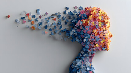 head of kid made of puzzle, creativity and idea concept, child autism awareness day or month creative banner