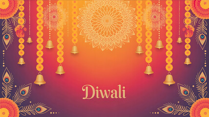 Diwali festival background with glowing orange and red gradient, decorative mandala patterns, marigold flower garlands, and golden hanging bells created with generative ai