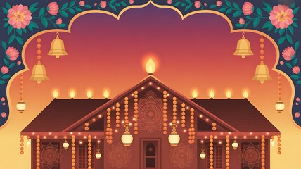 Diwali festival background with glowing orange and red gradient, decorative mandala patterns, marigold flower garlands, and golden hanging bells created with generative ai