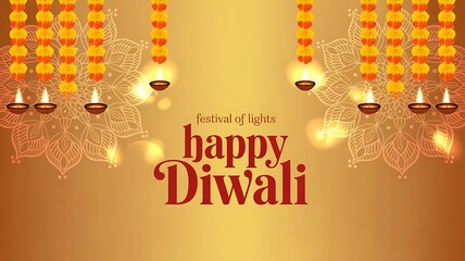 Happy Diwali festival poster design with a warm golden gradient background. Decorative marigold flower garlands and hanging lights banner for website and template design created with generative ai