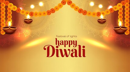 Happy Diwali festival poster design with a warm golden gradient background. Decorative marigold flower garlands and hanging lights banner for website and template design created with generative ai