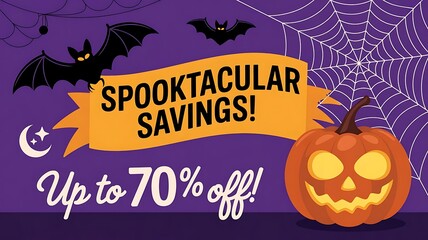 Halloween sale banner promotional graphic with flying bat, spider web, carved pumpkin, and festive text, ideal for seasonal marketing designs created with generative ai