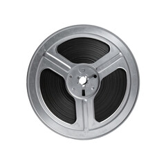 Obraz premium Metallic reel, centered in a stark black background, showcases detailed grooves of black strips rolled meticulously.